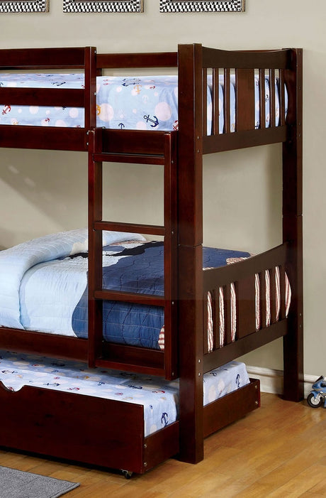Twin Over Twin Transitional Style Bunk Bed Dark Walnut Finish Attached Ladder Rails And Lock Joint Structure Trundle-Included Espresso Finish - sold by Home Elegance USA