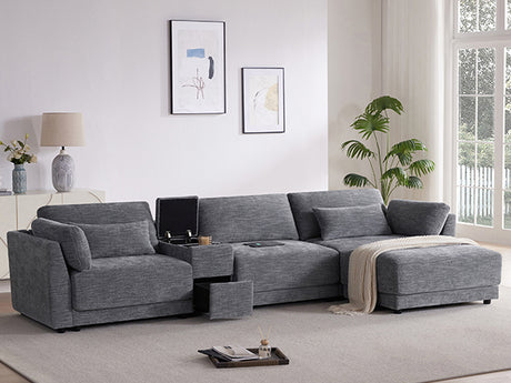 124'' L-Shaped Sectional Sofa with Multi-Functional Storage Console, Wired&Wireless Charger, Movable Ottoman, Wider&Thicker Cushion, Free Combination for Living Room&Apartment, Chenille - sold by Home Elegance USA