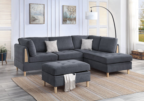 3-PCS Reversible Sectional Set Living Room Furniture Charcoal Color Chenille Couch Sofa, Reversible Chaise Ottoman - sold by Home Elegance USA