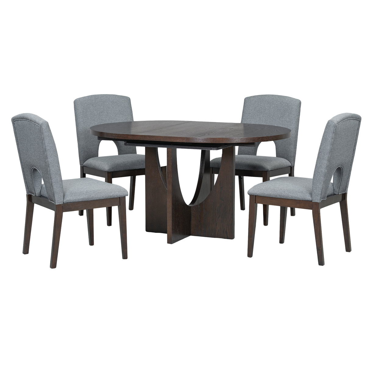 TOPMAX Modern 5-Piece Extendable Round Dining Table Set with Removable Leaf, Espresso+Gray, Solid Wood