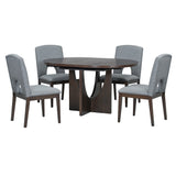 TOPMAX Modern 5-Piece Extendable Round Dining Table Set with Removable Leaf, Espresso+Gray, Solid Wood