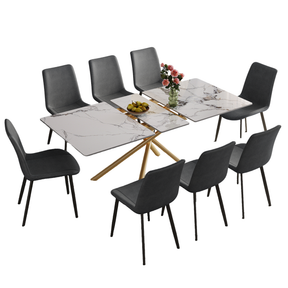 Modern 59-inch Expandable Dining Table with Retractable Leaf, Charred Stone Top & Golden Carbon Steel X-Base, 4-8 Person Set with 8 Gray PU Chairs for Small Apartments, Kitchen - sold by Home Elegance USA