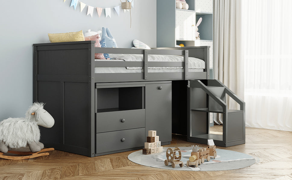 Loft Bed Low Study Twin Size Loft Bed With Storage Steps and Portable,Desk,Gray(OLD SKU: LT000101AAE) - Home Elegance USA