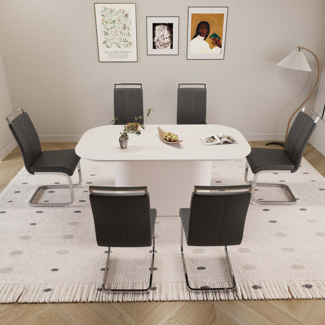 63 'medieval modern cream style MDF dining table and PU armless dining chair set 6. Assemble Desktop and Silver plated metal leg dining chair set, suitable for home&kitchen