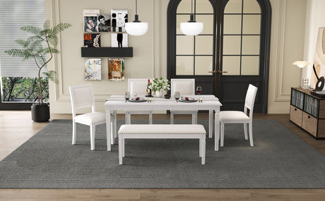 TREXM Vintage Extendable Dining Table Set for 6 with 4 Chairs & Bench, 59 to 72-Inch Rustic Farmhouse Kitchen Table Set with Distressed Finish and Retro Carved Legs (Washed White) - sold by Home Elegance USA