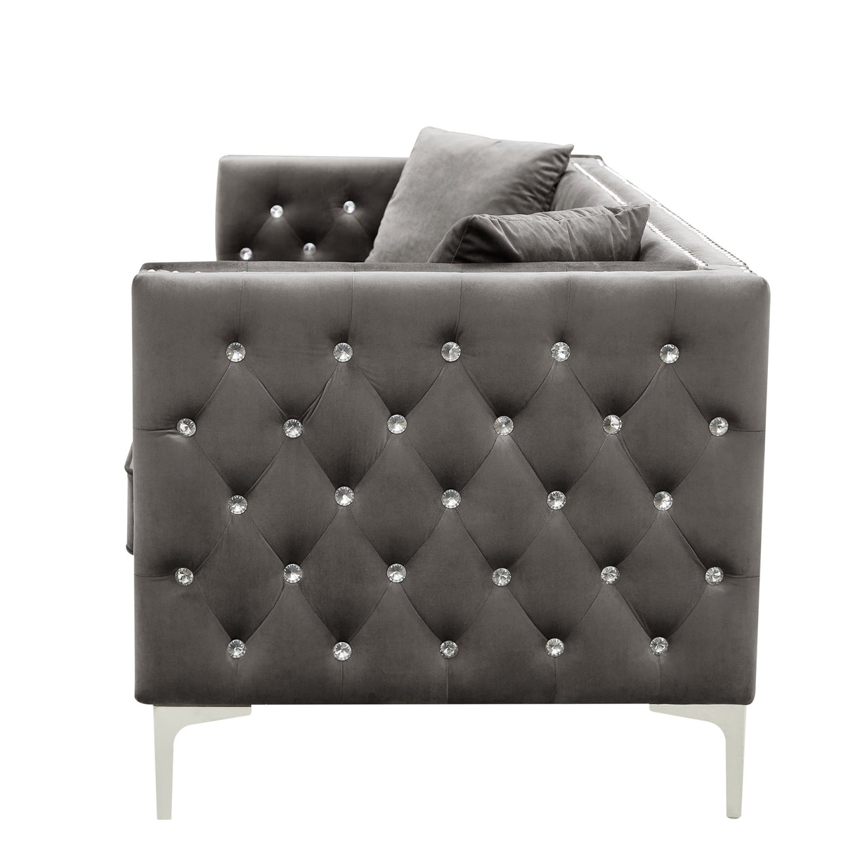 82.3" Width Modern Velvet Sofa Jeweled Buttons Tufted Square Arm Couch Grey,2 Pillows Included | Home Elegance USA