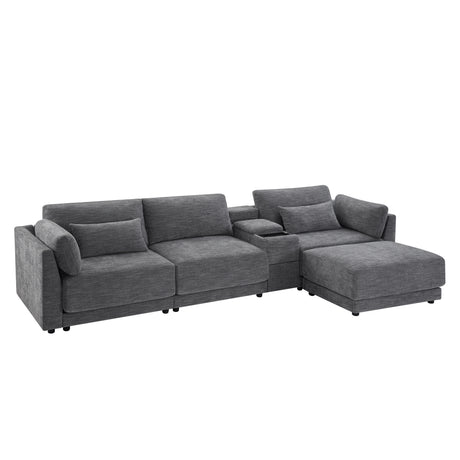 124'' L-Shaped Sectional Sofa with Multi-Functional Storage Console, Wired&Wireless Charger, Movable Ottoman, Wider&Thicker Cushion, Free Combination for Living Room&Apartment, Chenille - sold by Home Elegance USA