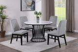 5pc Dining Set Contemporary Modern Style White Faux Marble Round Table Cage Like Base Light Gray Fabric Upholstery Dining Wooden Furniture Black Finish