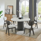 Valencia 7-Piece 54' Round White Faux Marble Dining Set with Gray PVC Upholstered Pedestal Base & Light Gray Fabric Chairs