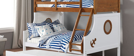 Modern Novelty Style Twin Over Full Bunk Bed With Attached Angled Ladder Rails And Lock Joint Structure For Safety Oak Finish Upper Bed White Finish Lower Bed - sold by Home Elegance USA