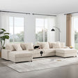 141.5*64'' Corduroy Sectional Sofa with Bluetooth Speakers, U-Shaped Couch with Console, USB Charger, Cup Holders, Storage, Ottoman, Deep and Wide Seat Cloud Sofa for Living Room&Apartment - sold by Home Elegance USA