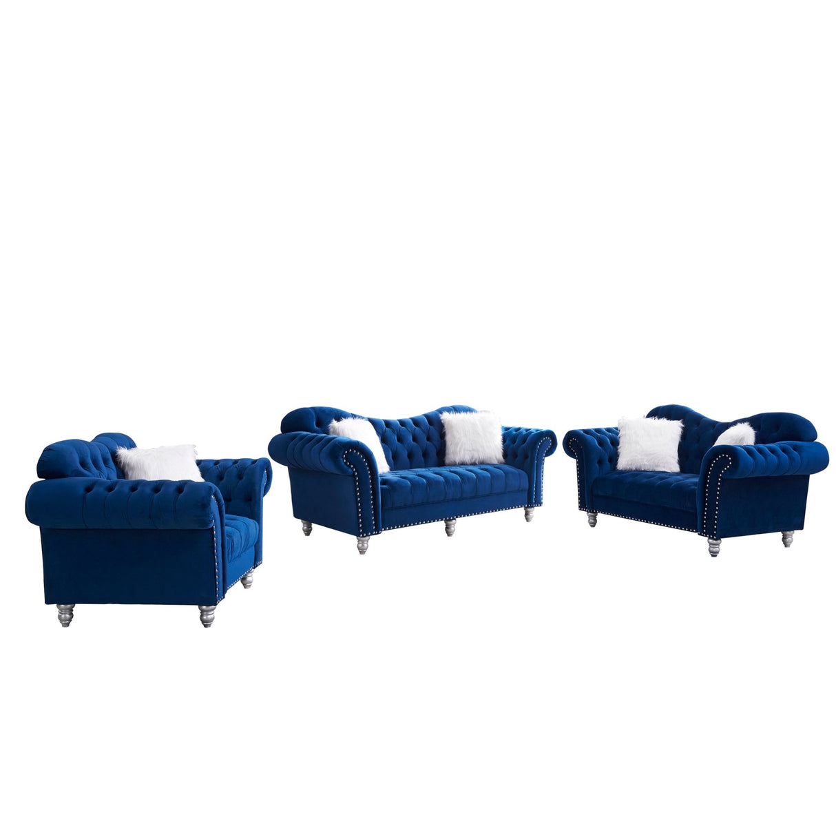 3 Piece Living Room Sofa Set, including 3 - Seater Sofa, Loveseat and Sofa Chair, with Button and Copper Nail on Arms and Back, Five White Villose Pillow, Blue. | Home Elegance USA