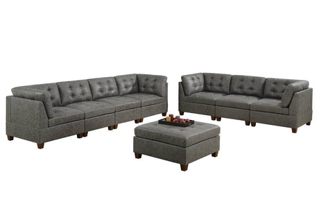 Living Room Furniture Antique Grey Modular Sofa Set 8pc Set Breathable Leatherette Tufted Couch 4x Corner Wedge 3x Armless Chairs and 1x Ottoman