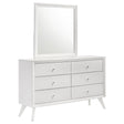 Contemporary White Dresser with Mirror, Angled Legs, Round Bronze Knobs, Solid Wood Furniture in White Finish