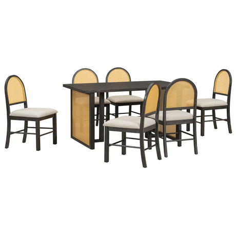 TREXM 7-Piece Farmhouse Dining Table Set for 6 - 59.8' Rectangular Dining Table with Distressed Oak Veneer and 6 Rattan Chairs, Rustic Kitchen Furniture for Dining Room(Espresso) - sold by Home Elegance USA
