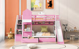 Twin-Over-Twin Castle Style Bunk Bed with 2 Drawers 3 Shelves and Slide - Pink - Home Elegance USA