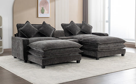Modern Chenille Upholstered Sectional Sofa with Ottomans, USB Ports, Cup Holders, and Storage in Grey - sold by Home Elegance USA