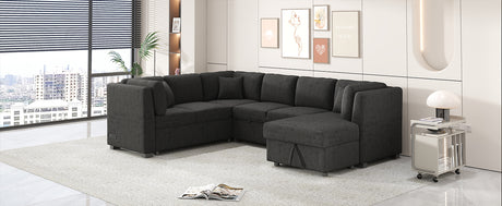 U-shaped Sectional Sofa Pull Out Bed with USB Ports, Power Sockets, Back Pillows & Storage Chaise, Black Chenille, 108.6' - sold by Home Elegance USA