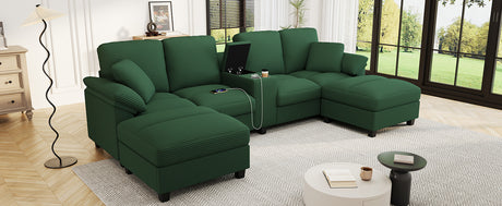 Modern Green U-shaped Sectional Sofa with Corduroy Upholstery, Hidden Storage Ottomans, USB Ports, and Cup Holders, 116.9' - sold by Home Elegance USA