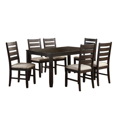 7pc Dining Set Brown Finish Table and 6 Side Chairs Beige Upholstery Seat Ladder Back Wooden Kitchen Dining Furniture - sold by Home Elegance USA