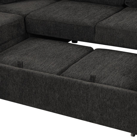 U-shaped Sectional Sofa Pull Out Bed with USB Ports, Power Sockets, Back Pillows & Storage Chaise, Black Chenille, 108.6' - sold by Home Elegance USA