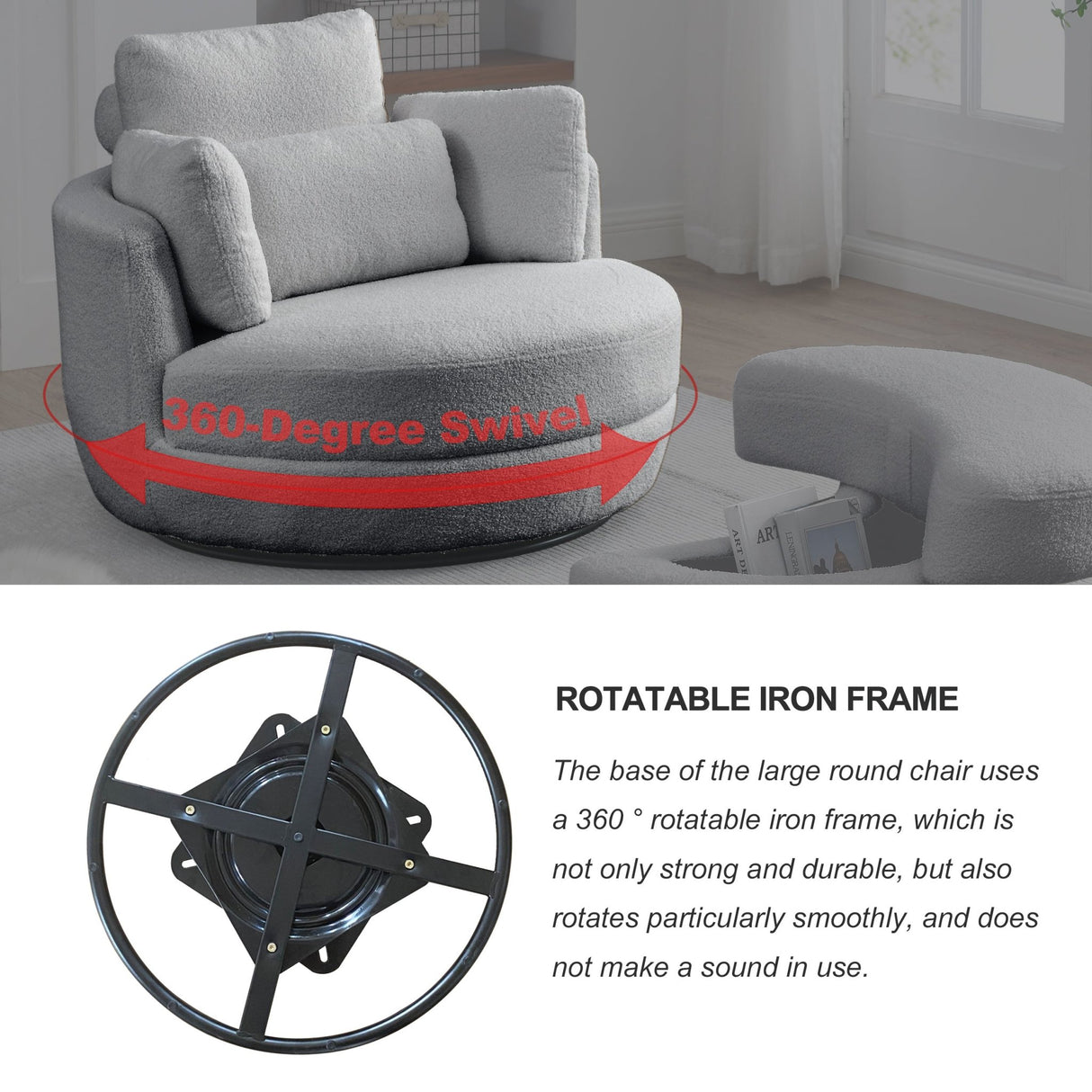 39"W Oversized Swivel Chair with moon storage ottoman for Living Room, Modern Accent Round Loveseat Circle Swivel Barrel Chairs for Bedroom Cuddle Sofa Chair Lounger Armchair, 4 Pillows, Teddy Fabric - W83489913 - image - 16