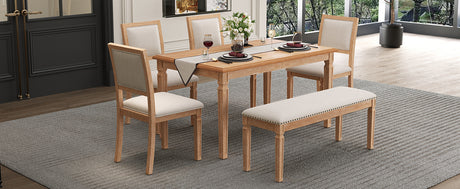 TREXM Vintage Extendable Dining Table Set for 6 with 4 Chairs & Bench, 59 to 72-Inch Rustic Farmhouse Kitchen Table Set with Distressed Finish and Retro Carved Legs (Natural Wood Wash) - sold by Home Elegance USA