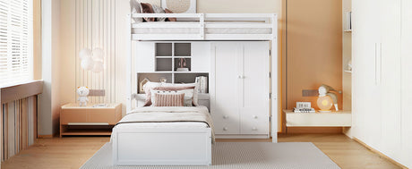 Twin Bunk Bed with Drawers, Wardrobe, Storage Shelves and Hydraulic Bed,White - sold by Home Elegance USA