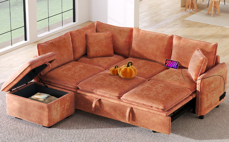 Convertible L-shaped Sofa Bed with Storage Ottoman, Power Sockets & USB Ports, Orange Chenille, 82.67' - sold by Home Elegance USA
