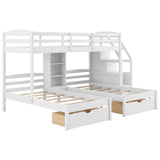 Twin over Twin&Twin Bunk Bed, Triple Bunk Bed with Drawers, Staircase with Storage, Built-in Shelves, White - sold by Home Elegance USA