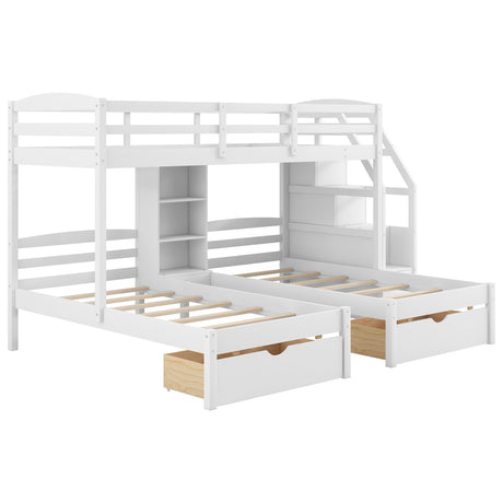 Twin over Twin&Twin Bunk Bed, Triple Bunk Bed with Drawers, Staircase with Storage, Built-in Shelves, White - sold by Home Elegance USA