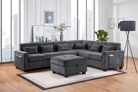 Trevi 115'W Gray Chenille Sectional Sofa with Adjustable Backrest, Charging Ports, Pockets, Tufting, Storage Ottoman, Throw Pillows - sold by Home Elegance USA