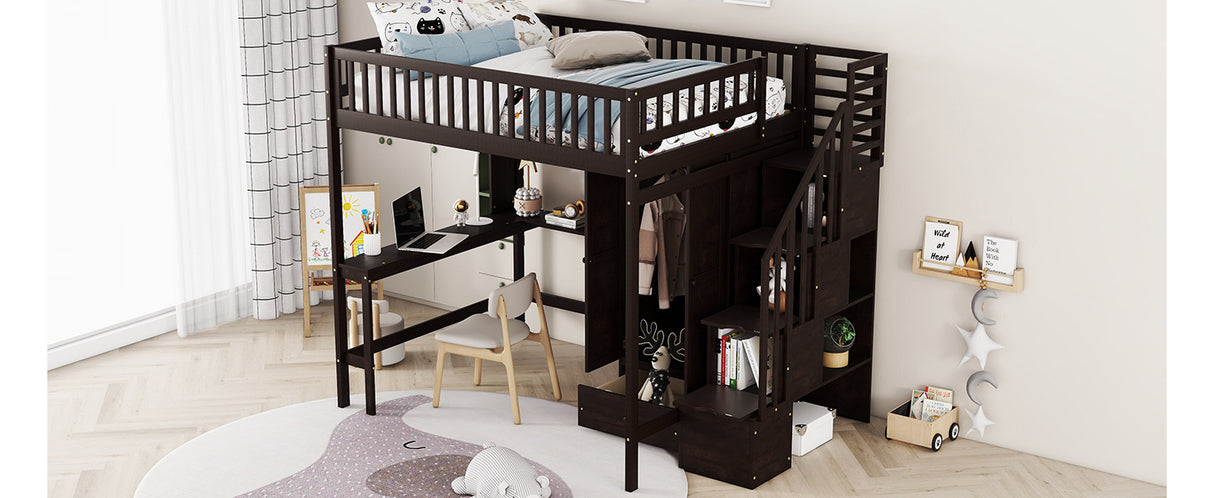 Full size Loft Bed with Bookshelf,Drawers,Desk,and Wardrobe-Espresso - Home Elegance USA