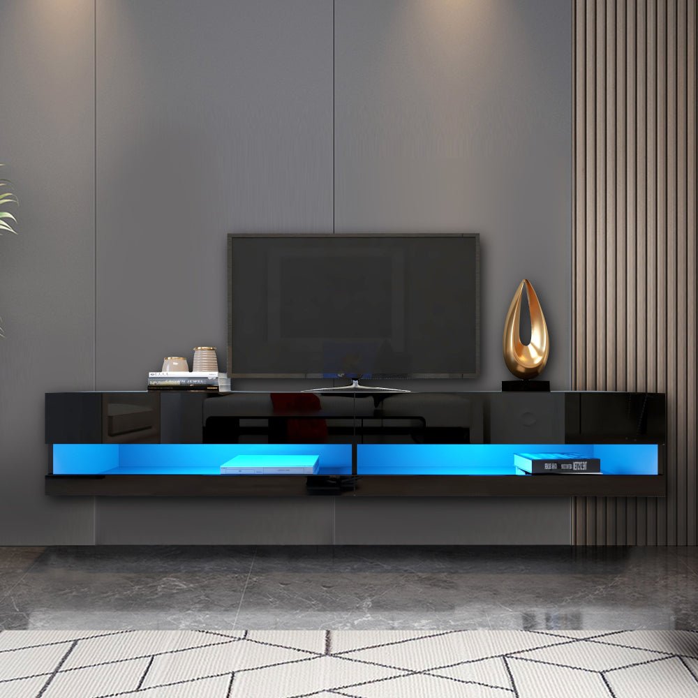 180 Wall Mounted Floating 80" TV Stand with 20 Color LEDs Black Home Elegance USA