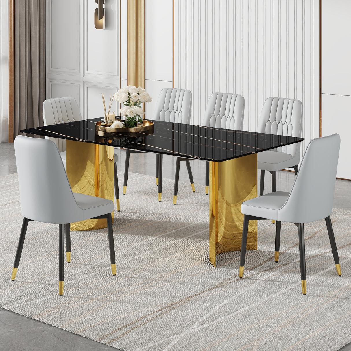 Table and chair set.The table has a glass top with imitation marble pattern stickers and stainless steel golden legs.Paried with 6 Light Gray chairs with PU cushions and black legs.W1151S01545