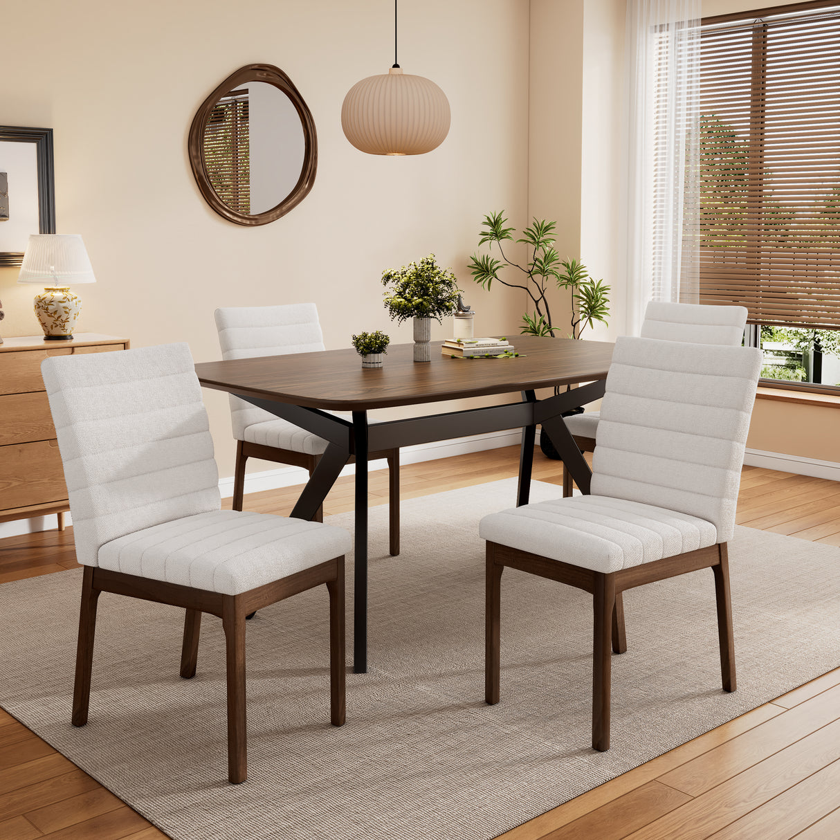 5-Pieces Upholstered Dining Set With Rubberwood Frame, Light beige+Walnut+Black