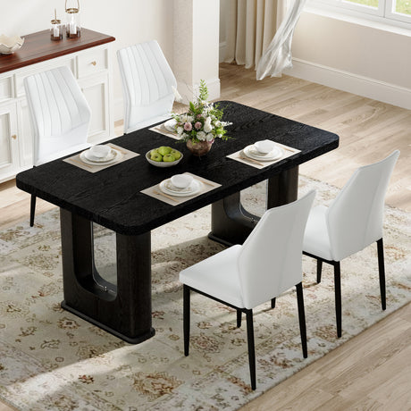 Table and chair set.64.5 x 35.4 Inch Stylish Black Wood Color Textured Dining Table.Paired with 4 Black - and - White PU Dining Chairs with Shell - pattern. Exudes A Strong Sense Of Fashion. - sold by Home Elegance USA