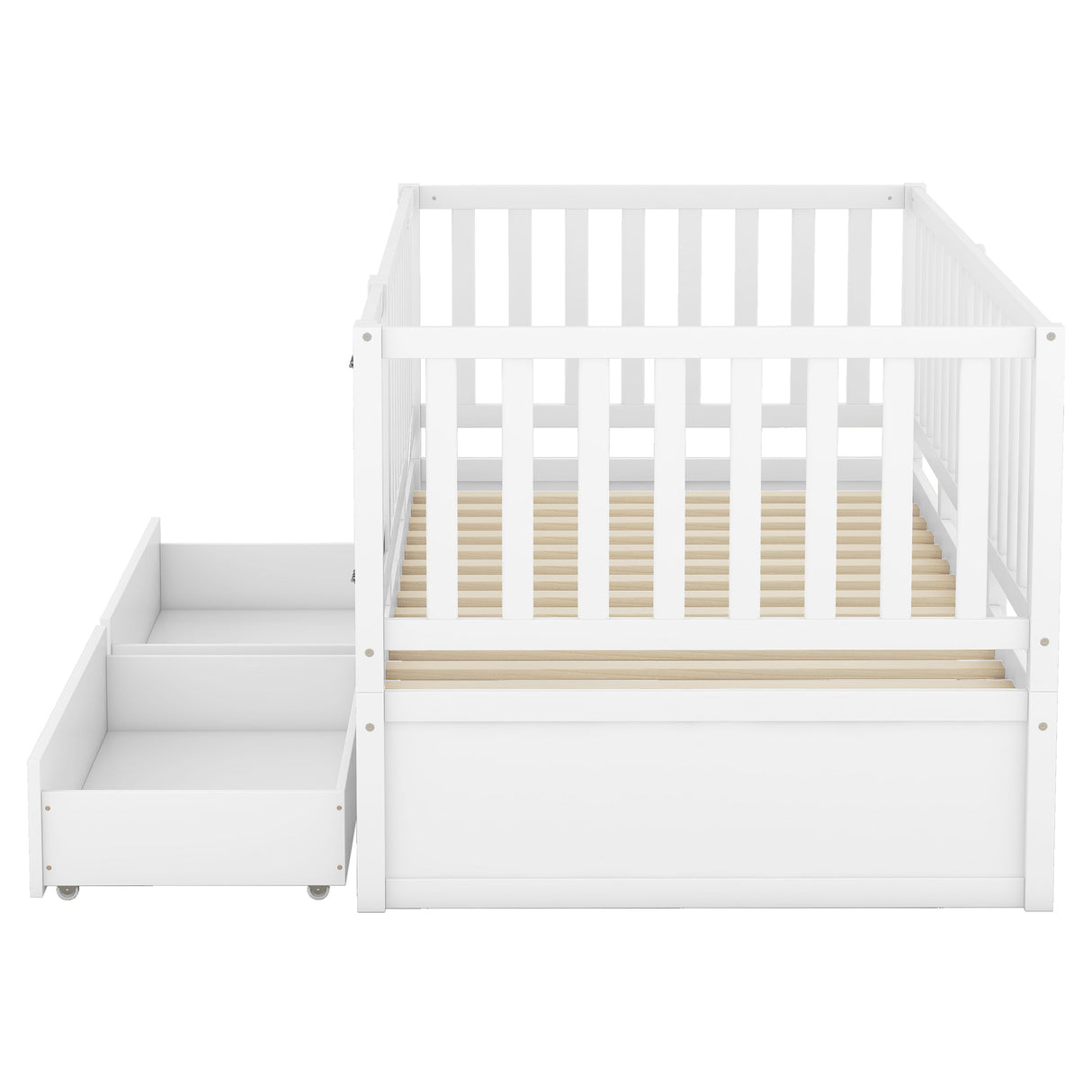 Twin Size Wood Daybed with Fence Guardrails and 2 Drawers, Split into Independent Floor Bed & Daybed, White - Home Elegance USA