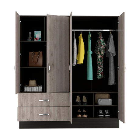 Gangi 160 Armoire, 4-door wardrobe , Two Mirrors, Metal Hardware, Two Drawers, Rod, Ten Shelves, Black Wengue / Light Gray -Bedroom - sold by Home Elegance USA