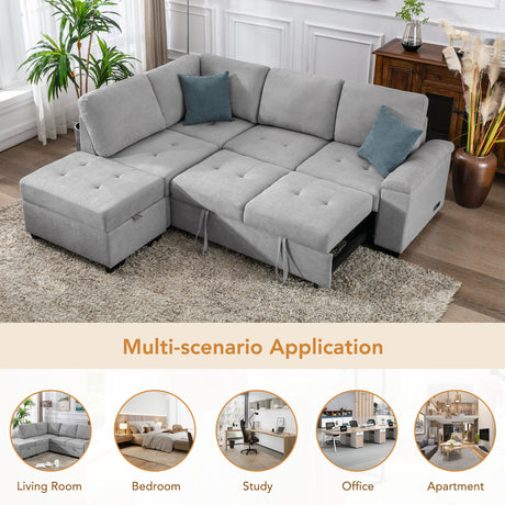 Sleeper Sectional Sofa, L-Shape Corner Couch Sofa-Bed with Storage Ottoman & Hidden Arm Storage & USB Charge  for Living Room Apartment, Gray - sold by Home Elegance USA