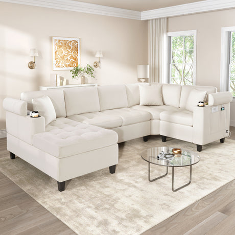 Modern U-shaped Sectional Sofa 115.7' with Built-in Cup Holders, Storage, USB Ports in Beige Chenille Fabric - sold by Home Elegance USA