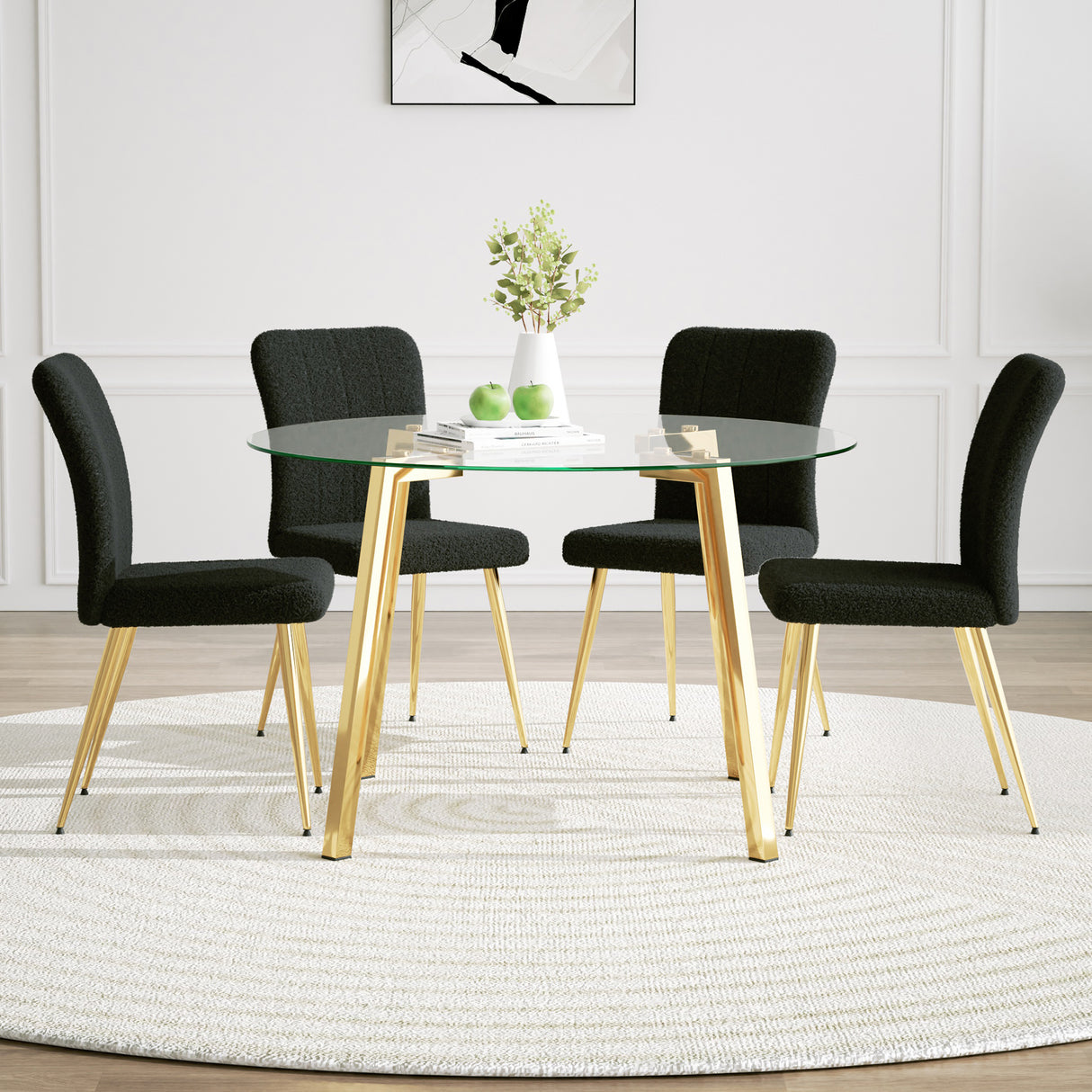 Mesa de comedor redonda de vidrio de estilo moderno, elegante diseño transparente, base de soporte resistente, juego de sillas de comedor Teddy negras, patas de silla de metal chapadas en oro, adecuada para comedor y cocina (juego de 5)