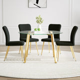 Mesa de comedor redonda de vidrio de estilo moderno, elegante diseño transparente, base de soporte resistente, juego de sillas de comedor Teddy negras, patas de silla de metal chapadas en oro, adecuada para comedor y cocina (juego de 5)