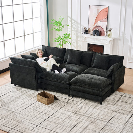 140.9-inch U-shaped modular sectional sofa, suitable for living room or bedroom. It comes with 2 movable ottomans, 4 cushions and 2 throw pillows. Made of soft cashmere fabric, in black - sold by Home Elegance USA