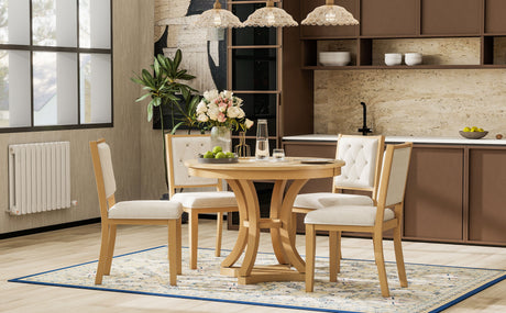 TREXM 5-Piece Retro Functional Dining Table Set Extendable Round Table and 4 Upholstered Chairs for Dining Room and Living Room (Natural) - sold by Home Elegance USA