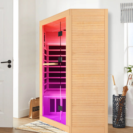 Canadian Hemlock Pentagonal Double Infrared Sauna – Two-Person Corner Design - sold by Home Elegance USA