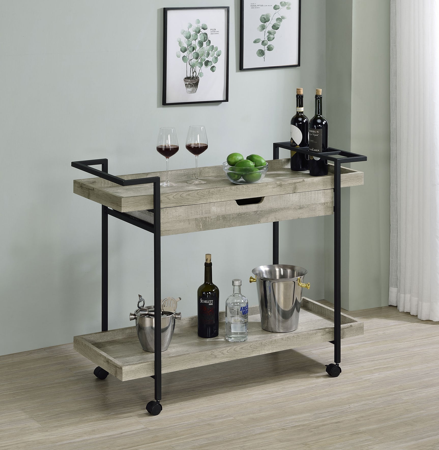 Bar Cart - Ventura 2-tier Bar Cart with Storage Drawer Grey Driftwood