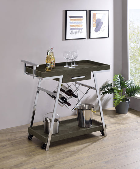 Bar Cart - Kinney 2-tier Bar Cart with Storage Drawer Rustic Grey and Chrome