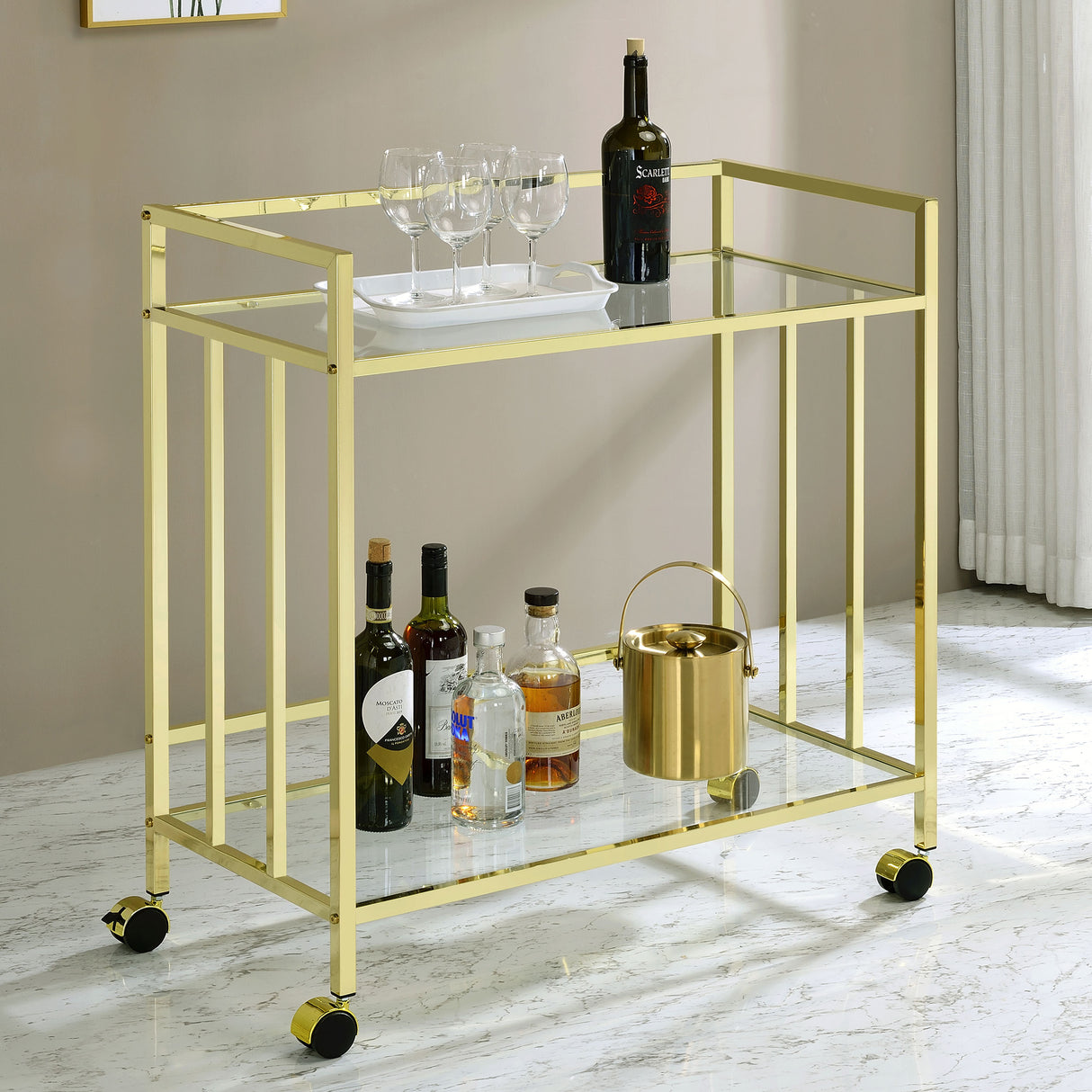 Bar Cart - Cara Rectangular Glass Bar Cart Brass