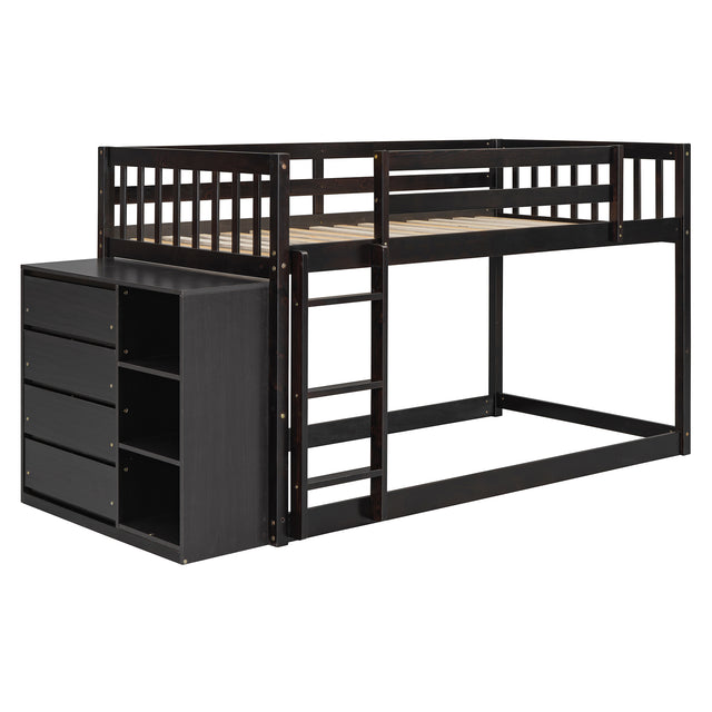 Twin over Twin Bunk Bed with 4 Drawers and 3 Shelves, Espresso Finish, Solid Wood Frame, 92.4 x 41.8 x 50.6 inches
